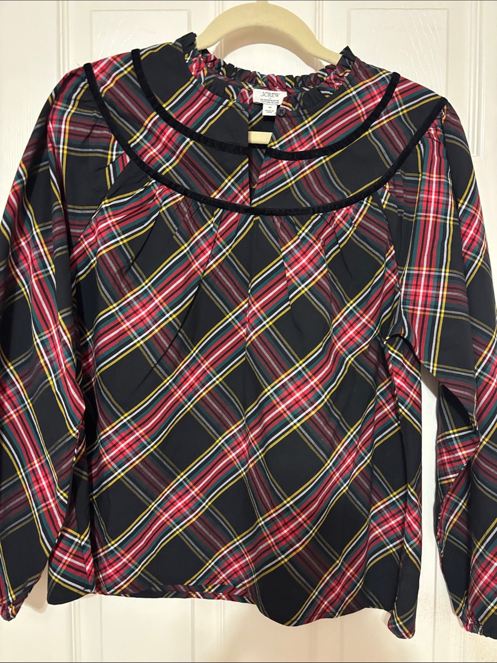J. Crew Black Plaid Ruffle Yoke Long-Sleeve Blouse